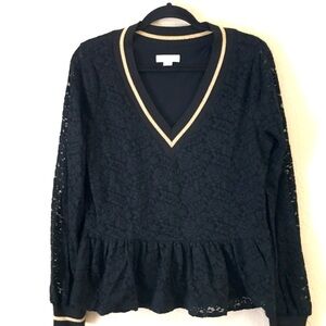 & Layered Sheer Lace V Neck Sweater Medium Black Gold Shimmer Peplum